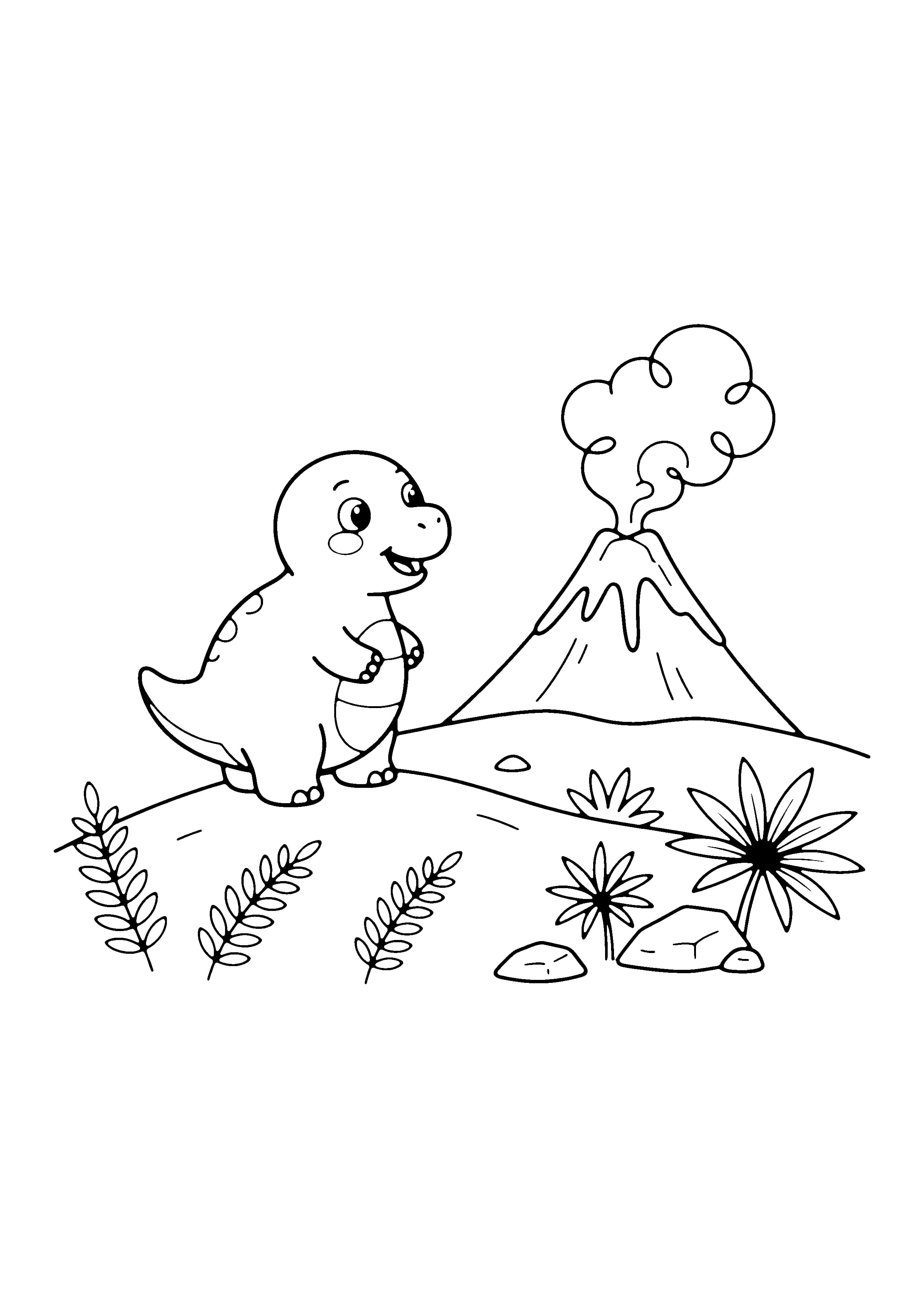 Printable hand-drawn Dino and the Volcano coloring page
