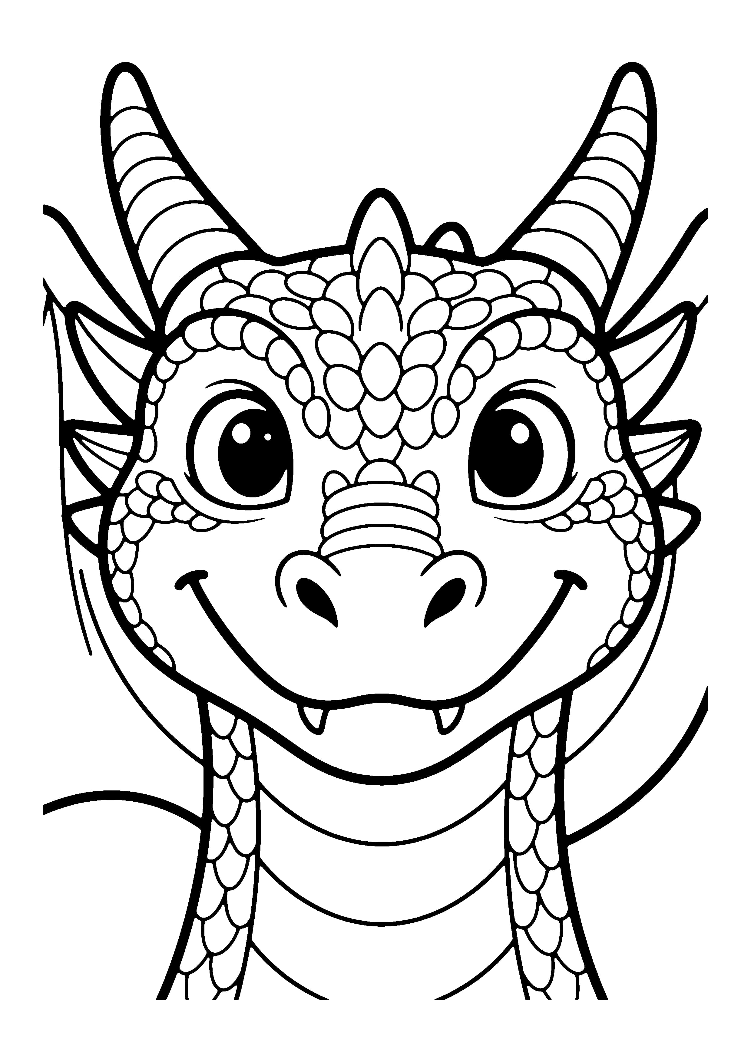 Printable hand-drawn Dragon Face Close-Up coloring page