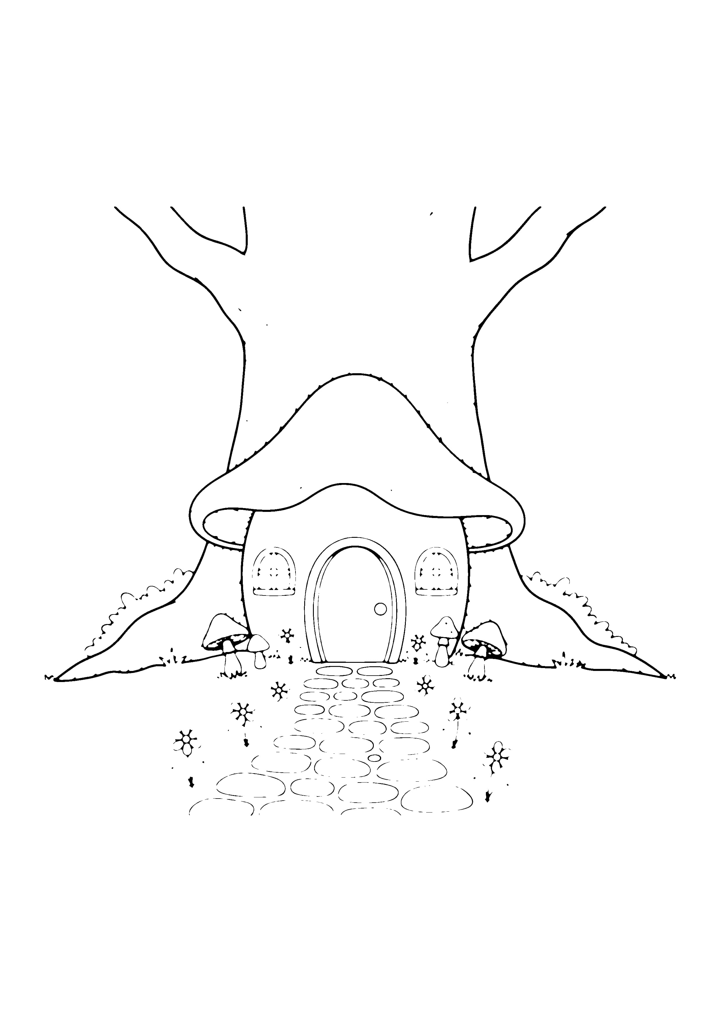 Printable hand-drawn Fairy House in a Tree coloring page