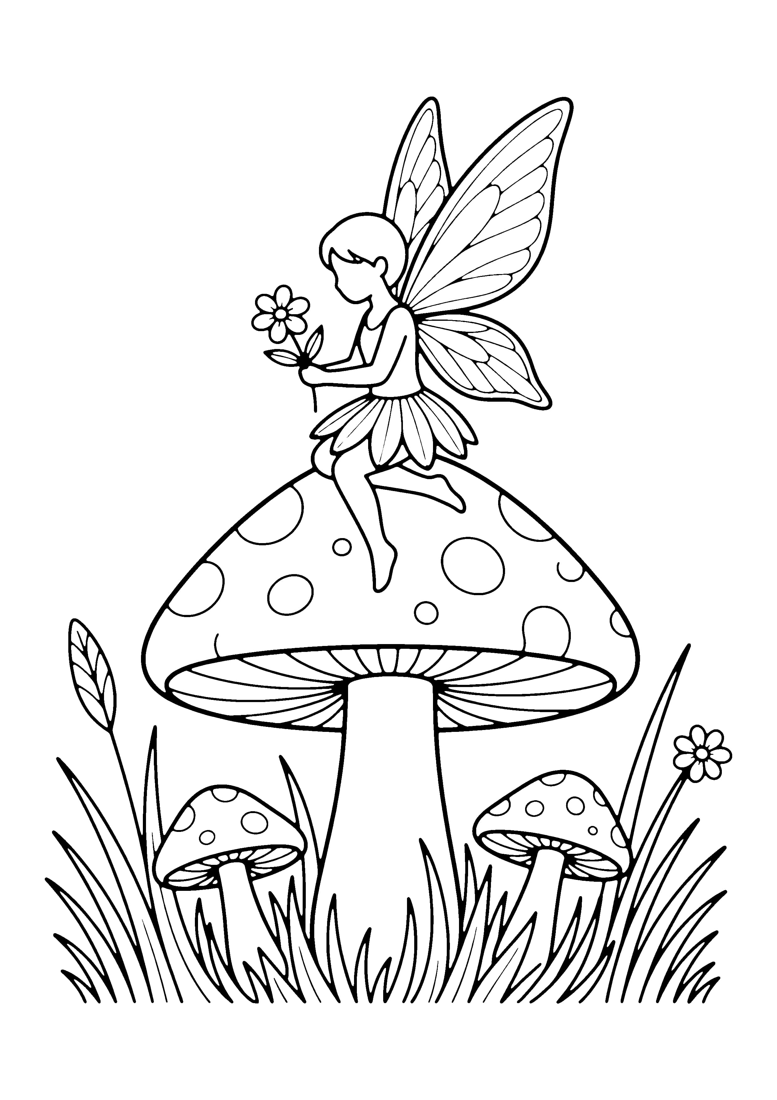Printable hand-drawn Fairy on a Mushroom coloring page