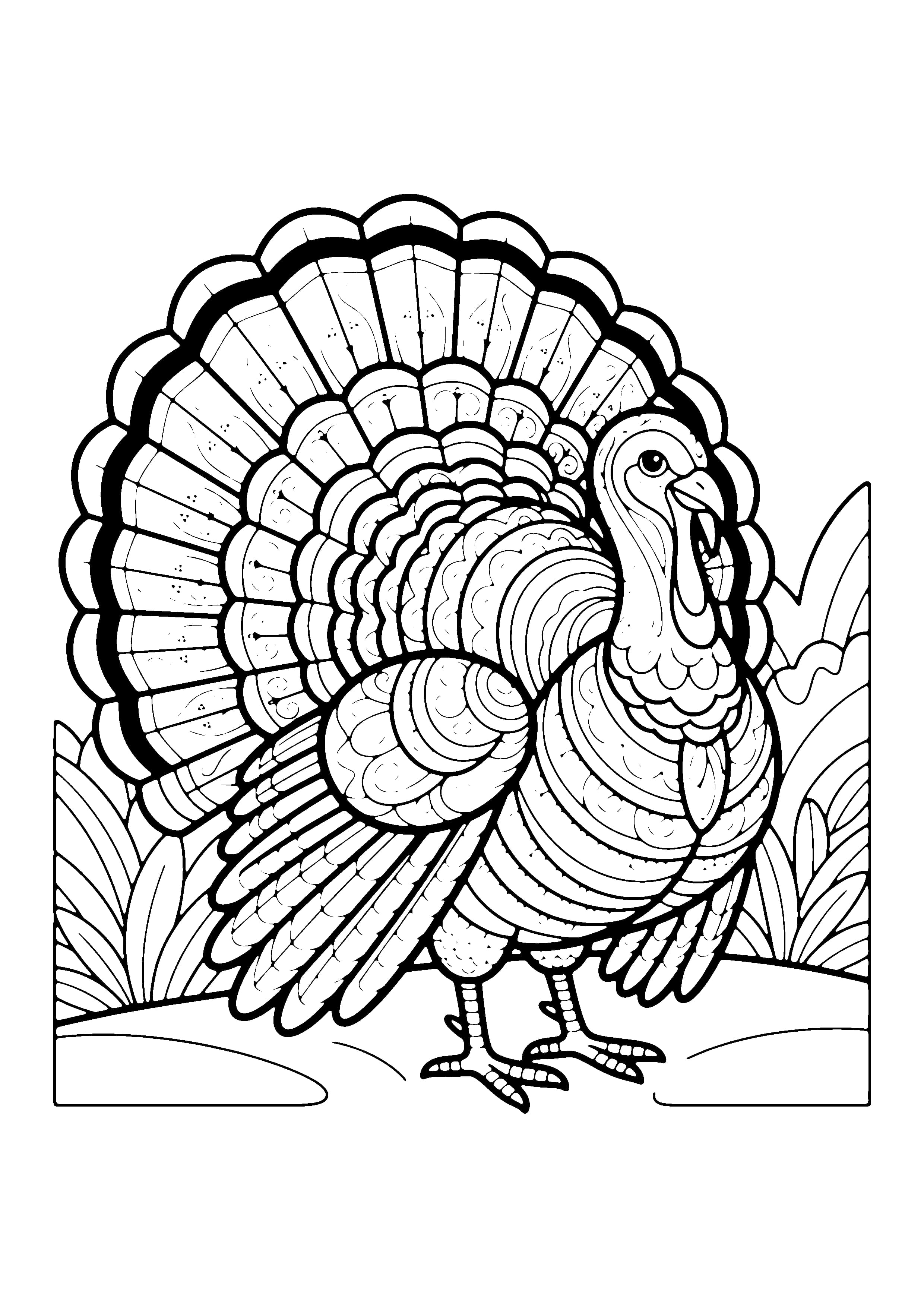 Printable hand-drawn Fancy Patterned Turkey coloring page