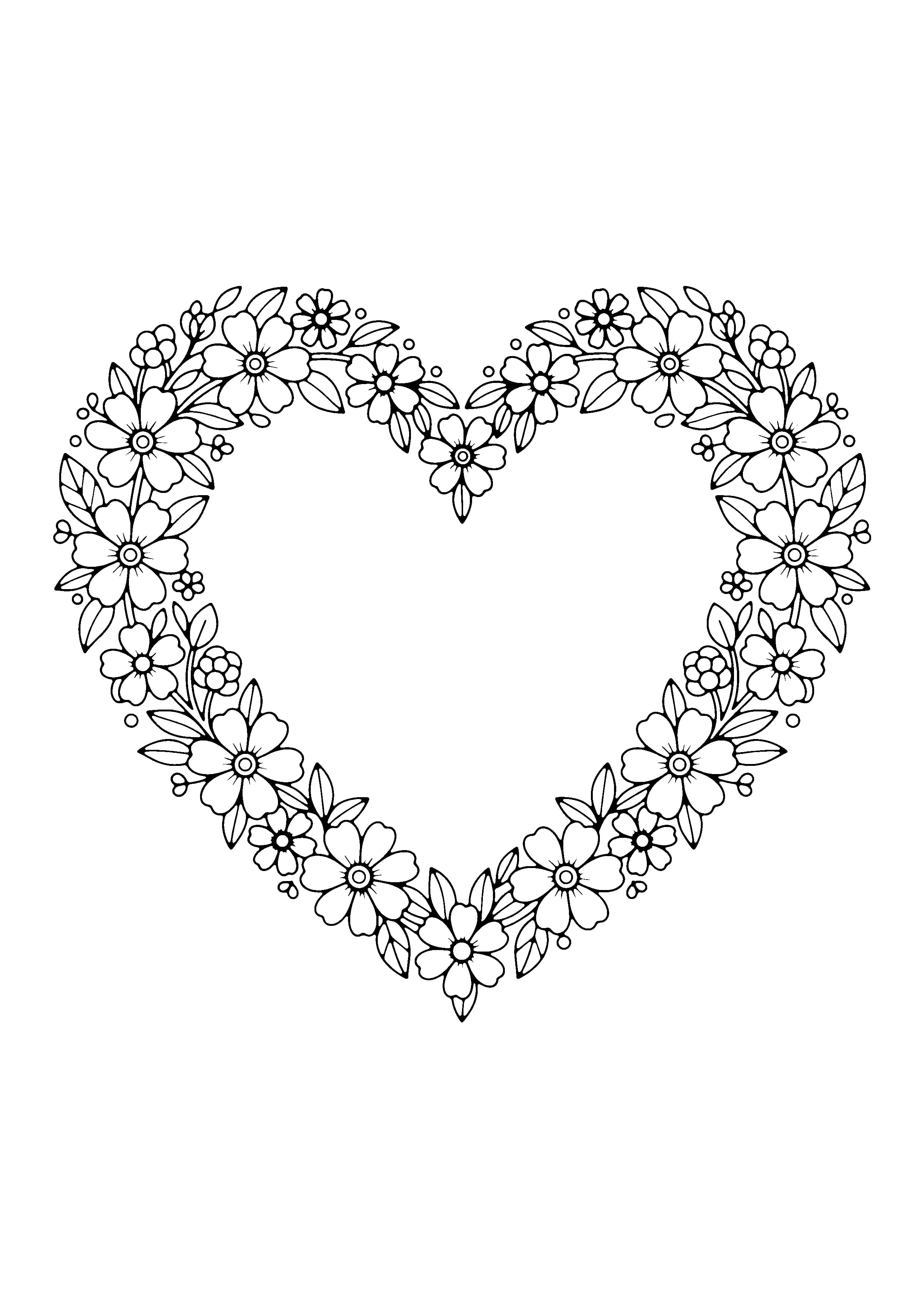 Printable hand-drawn Floral Heart Wreath coloring page