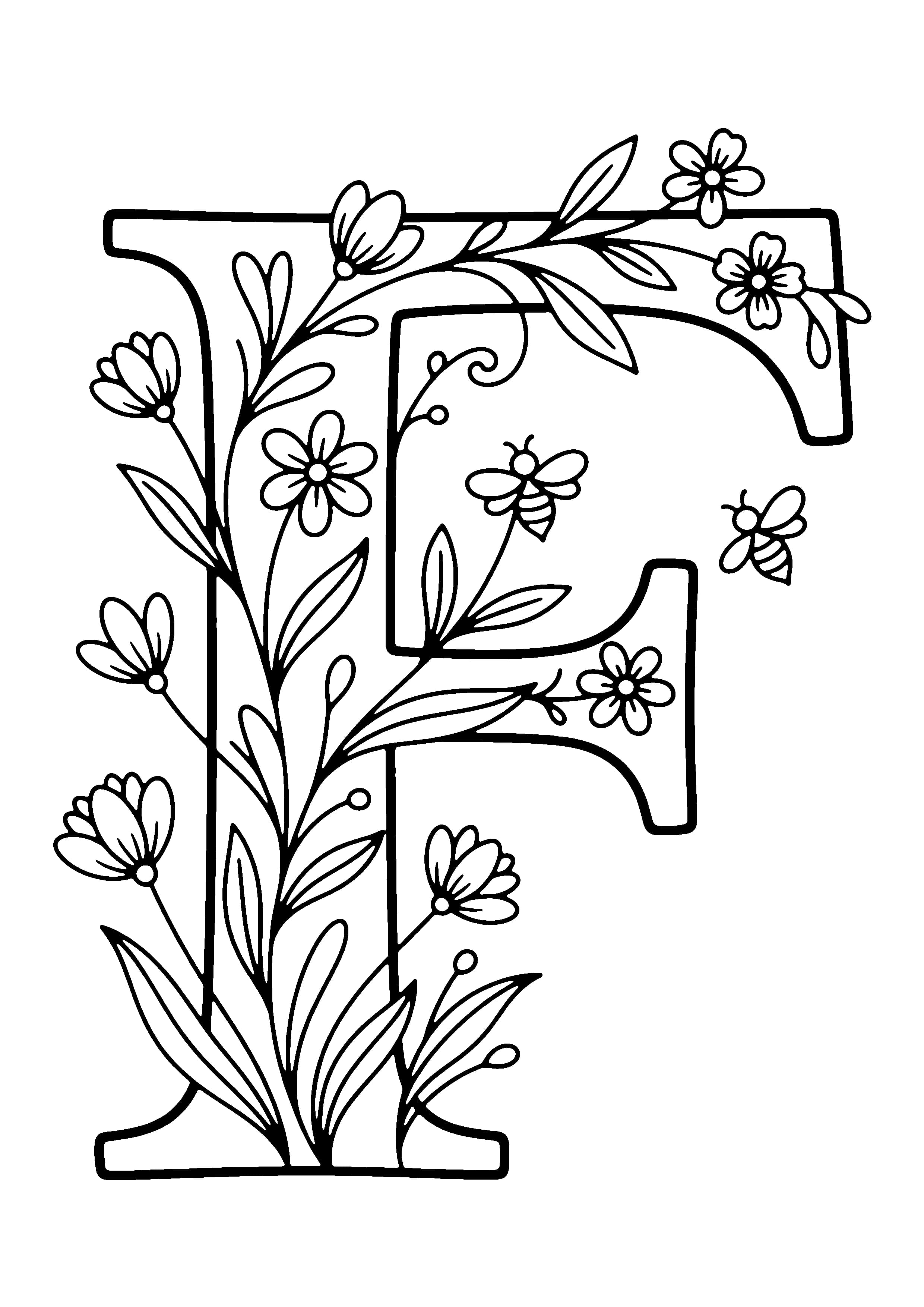 Printable hand-drawn Flower Letter F coloring page