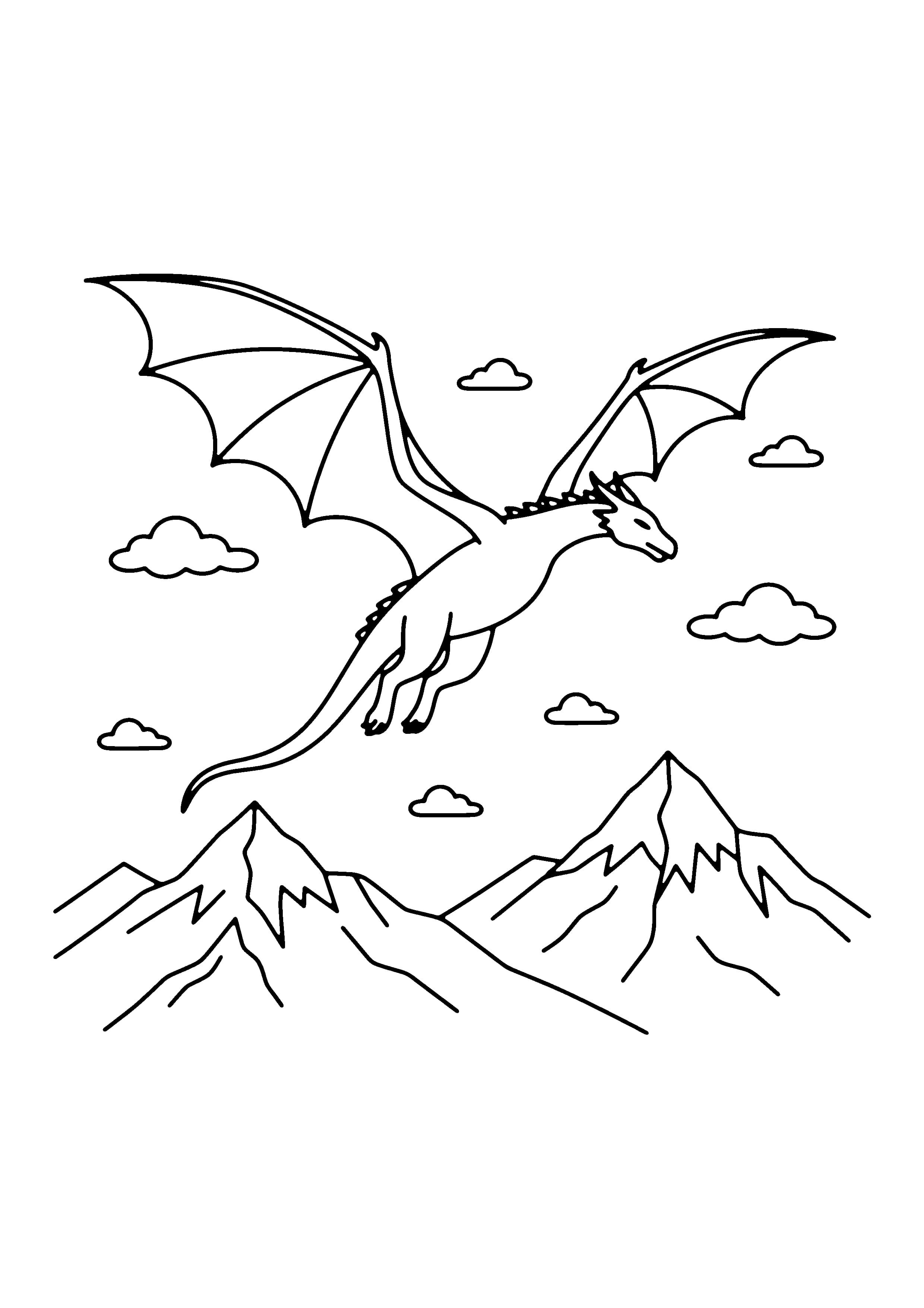 Printable hand-drawn Flying Dragon Over Mountains coloring page