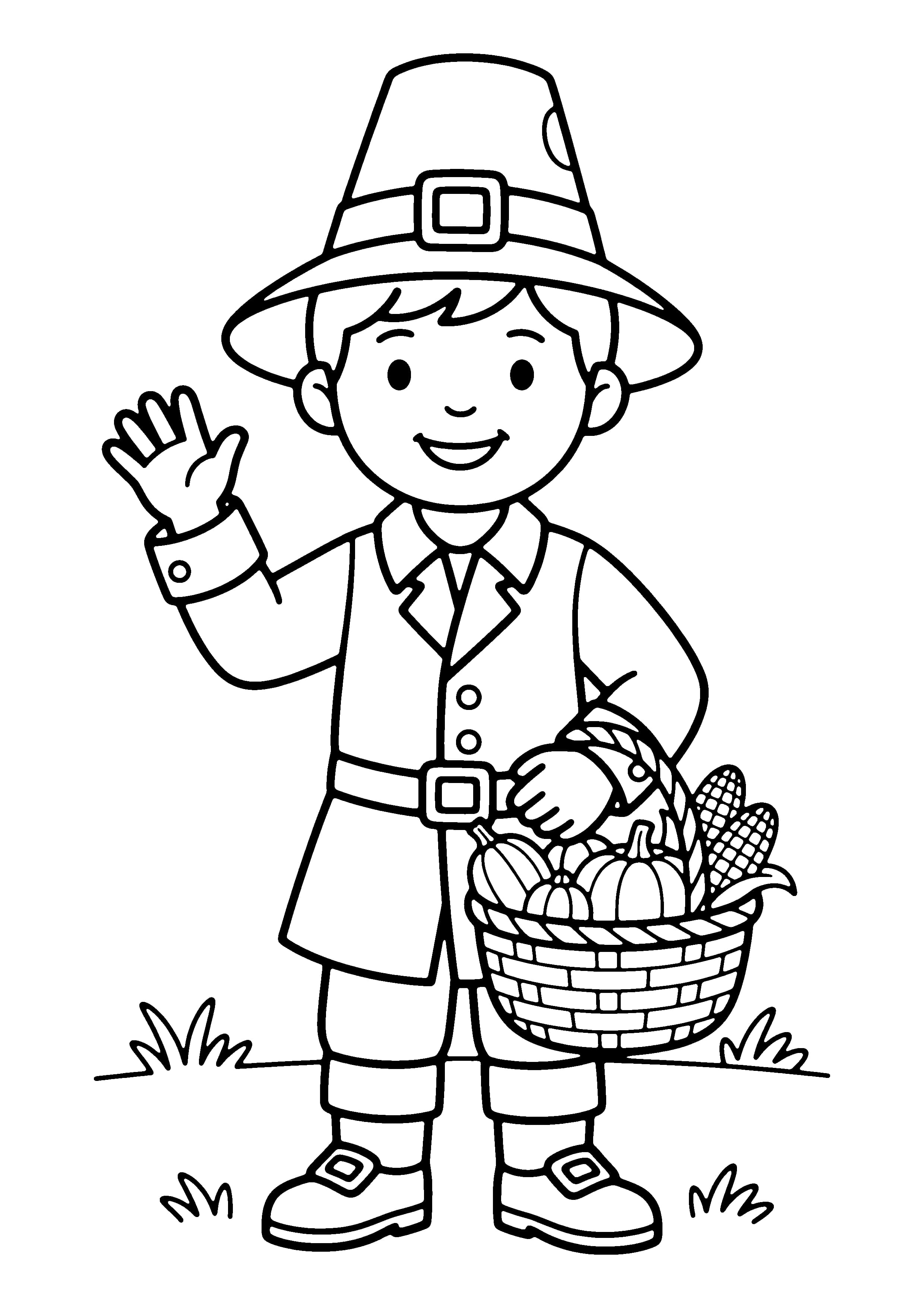 Printable hand-drawn Friendly Pilgrim Boy coloring page