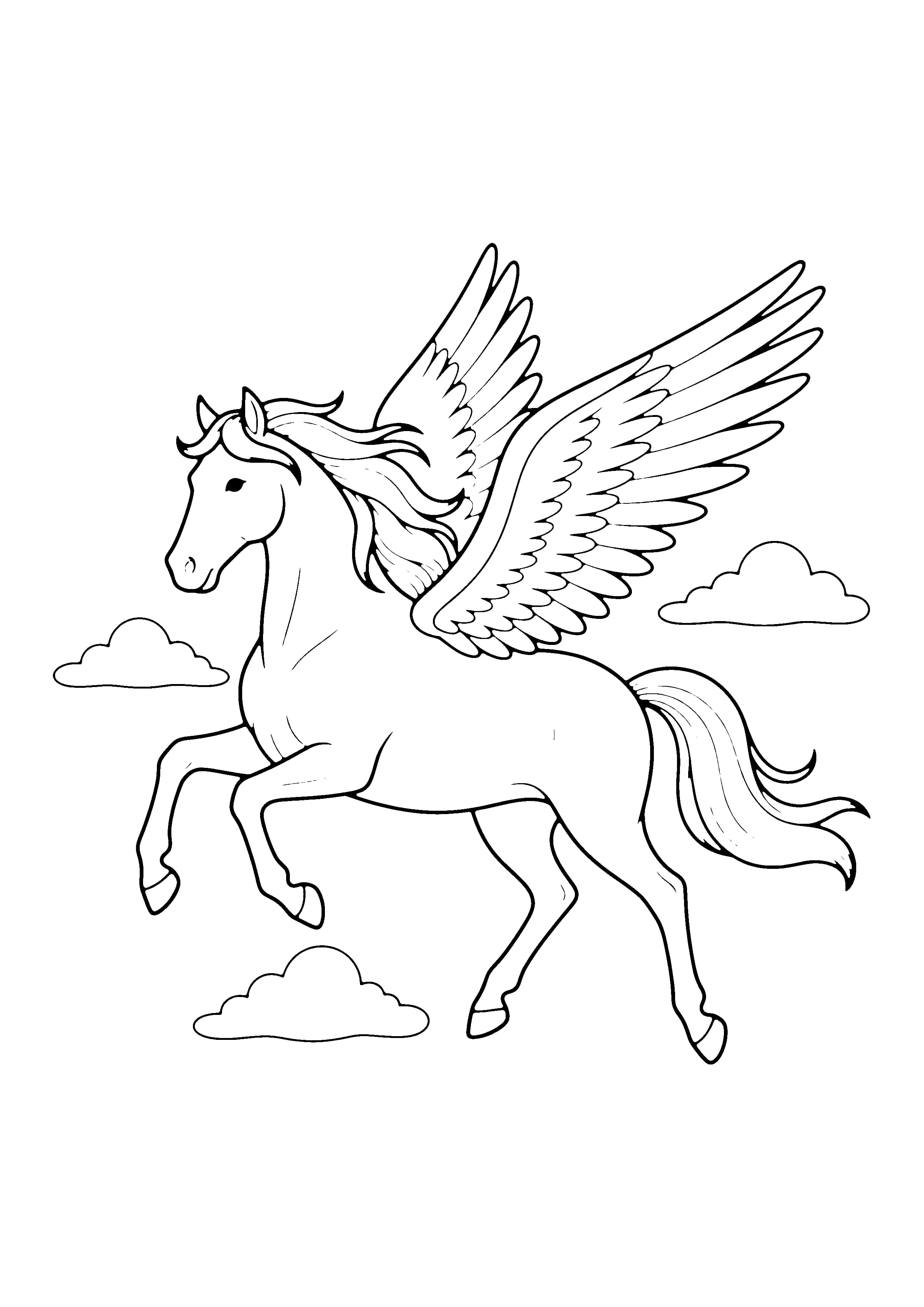 Printable hand-drawn Galloping Pegasus coloring page