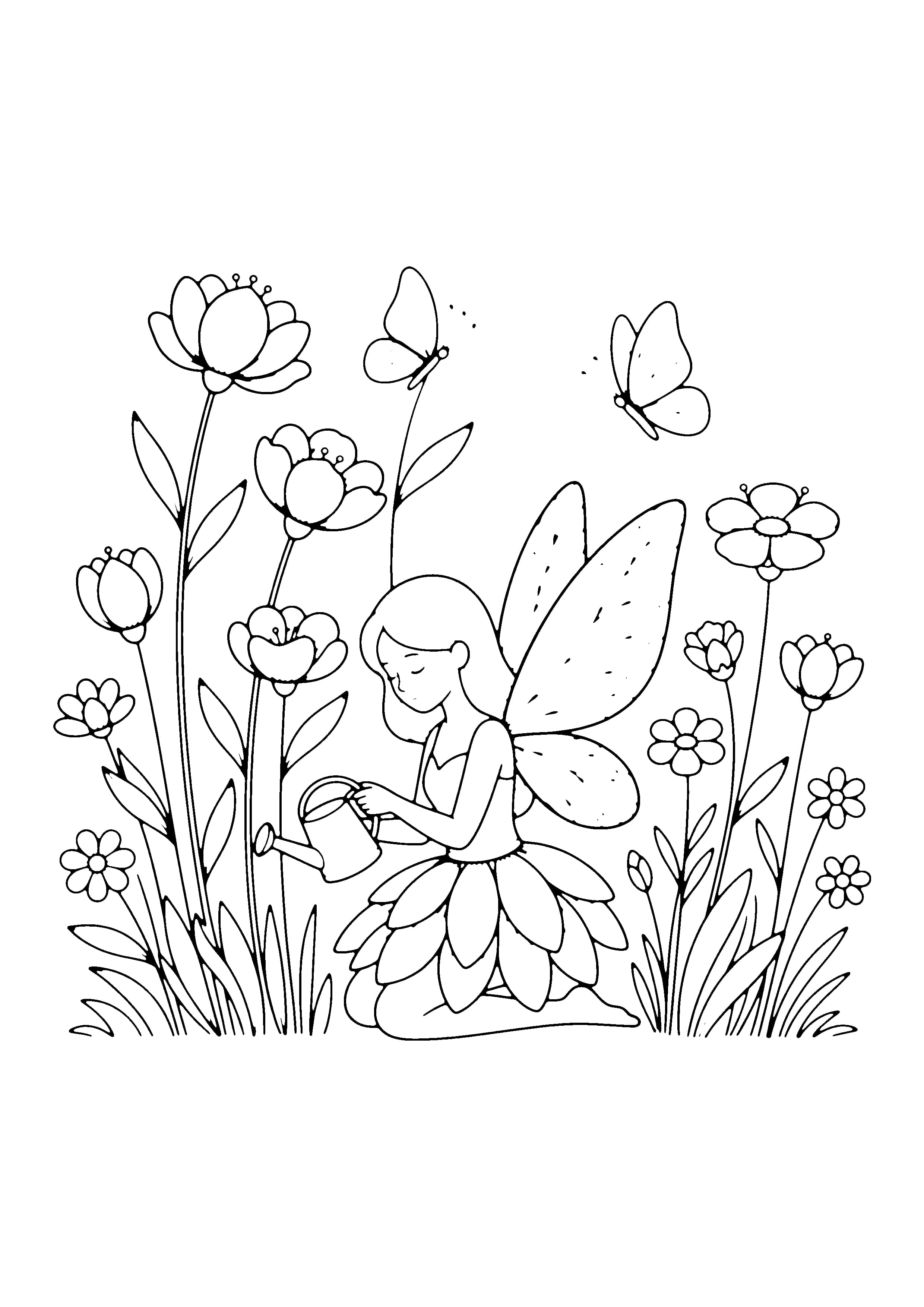 Printable hand-drawn Garden Fairy with Flowers coloring page