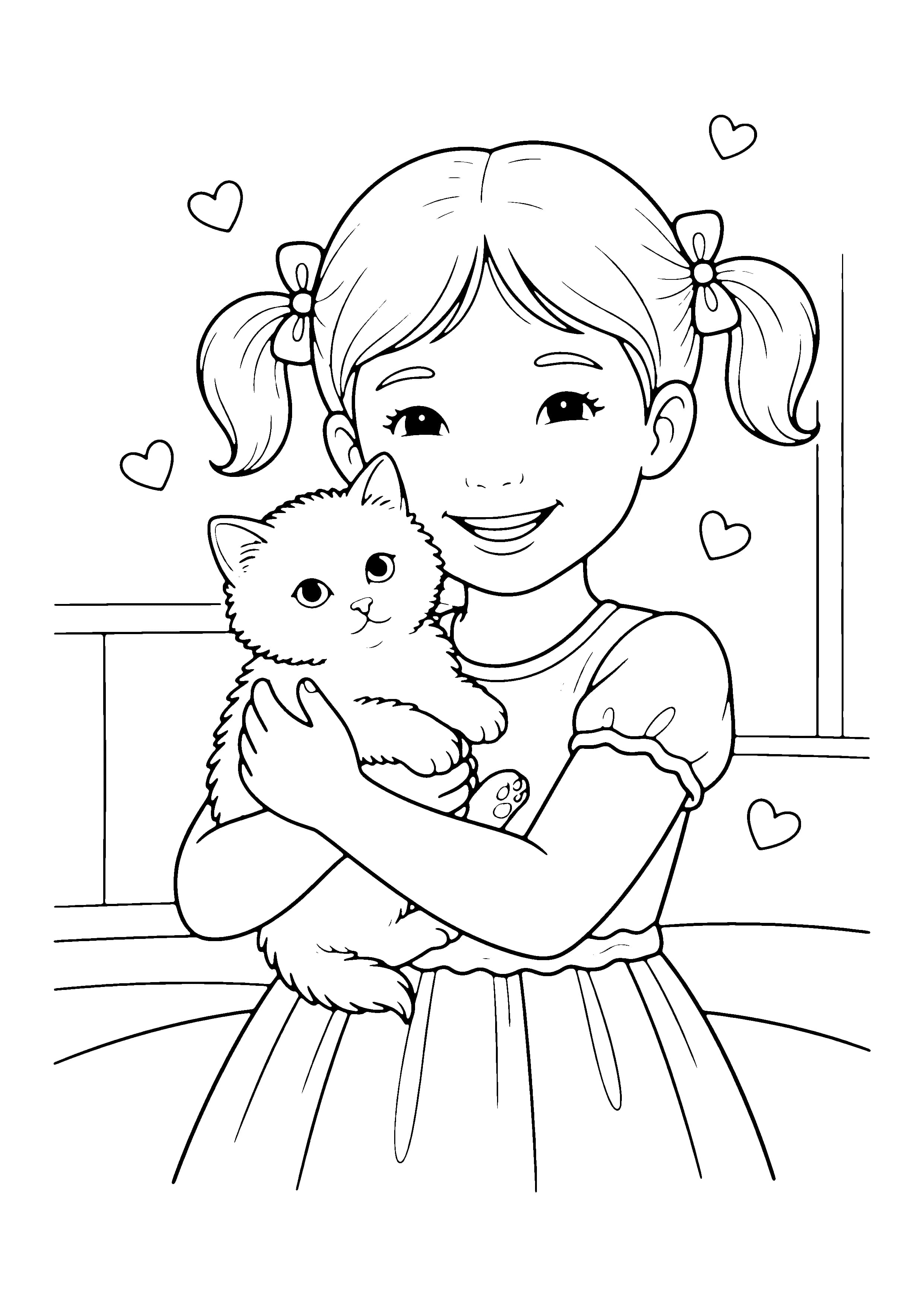 Printable hand-drawn Girl and Her Kitten coloring page