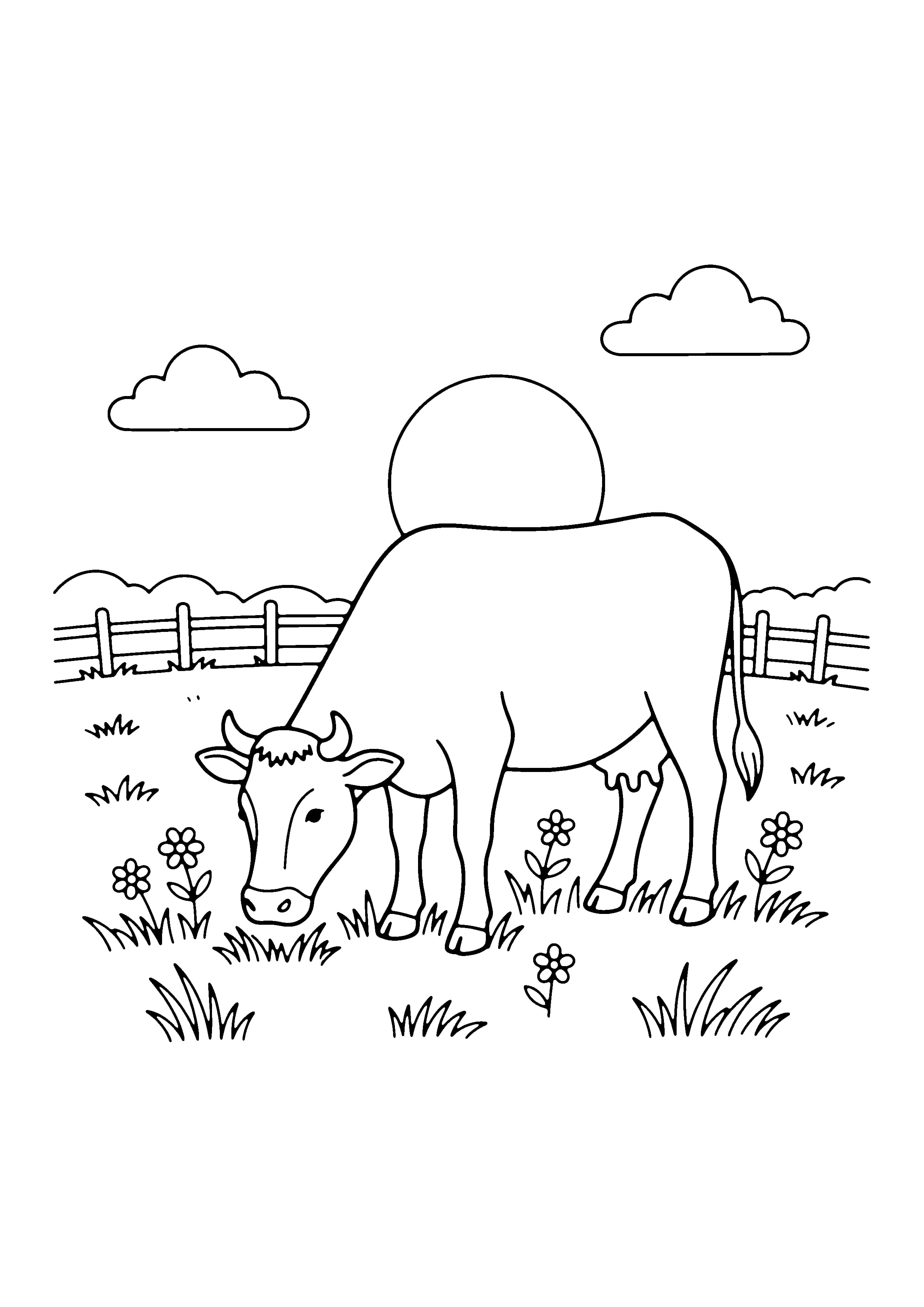 Printable hand-drawn Grazing Cow in the Pasture coloring page
