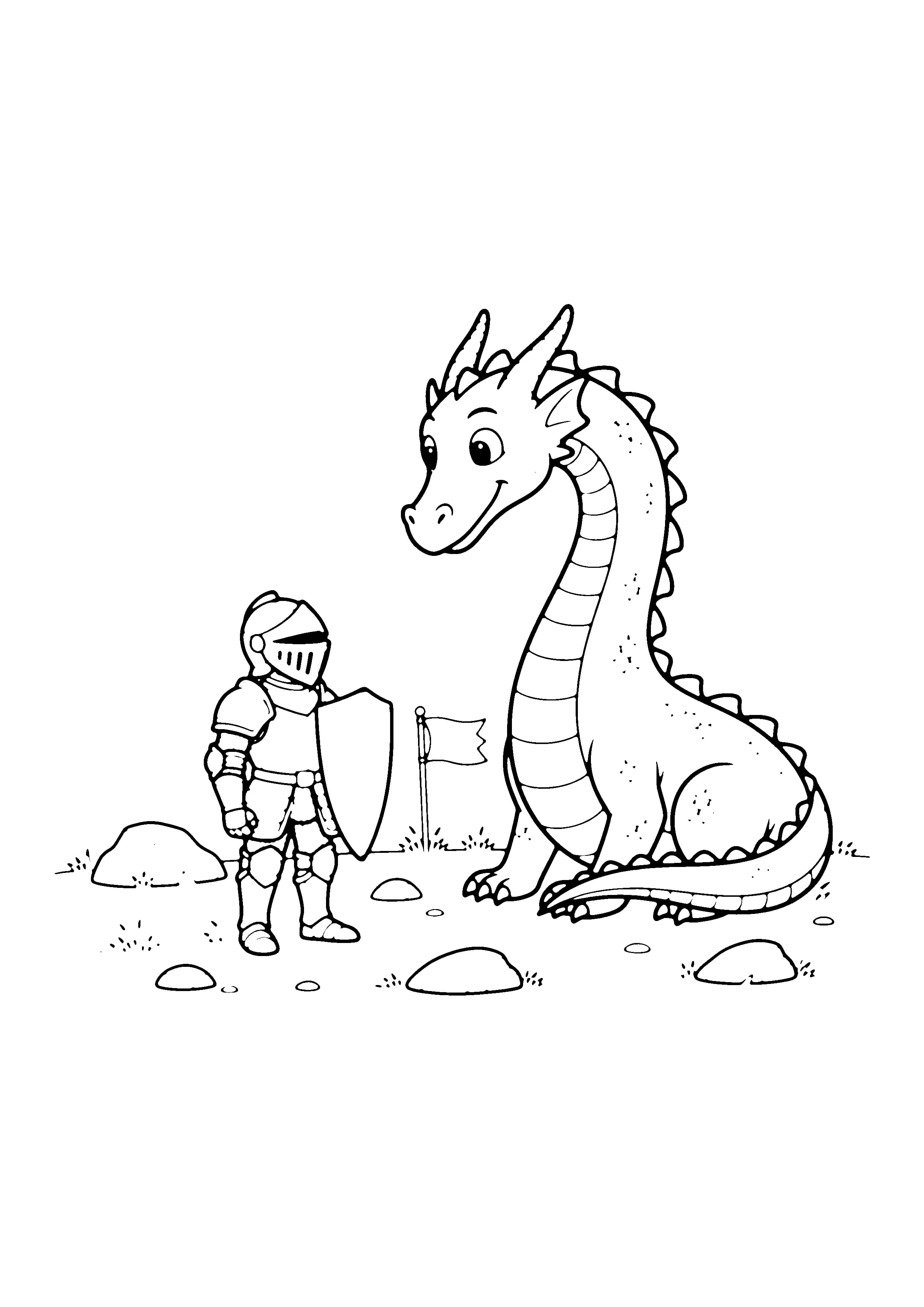 Printable hand-drawn Knight and Dragon coloring page