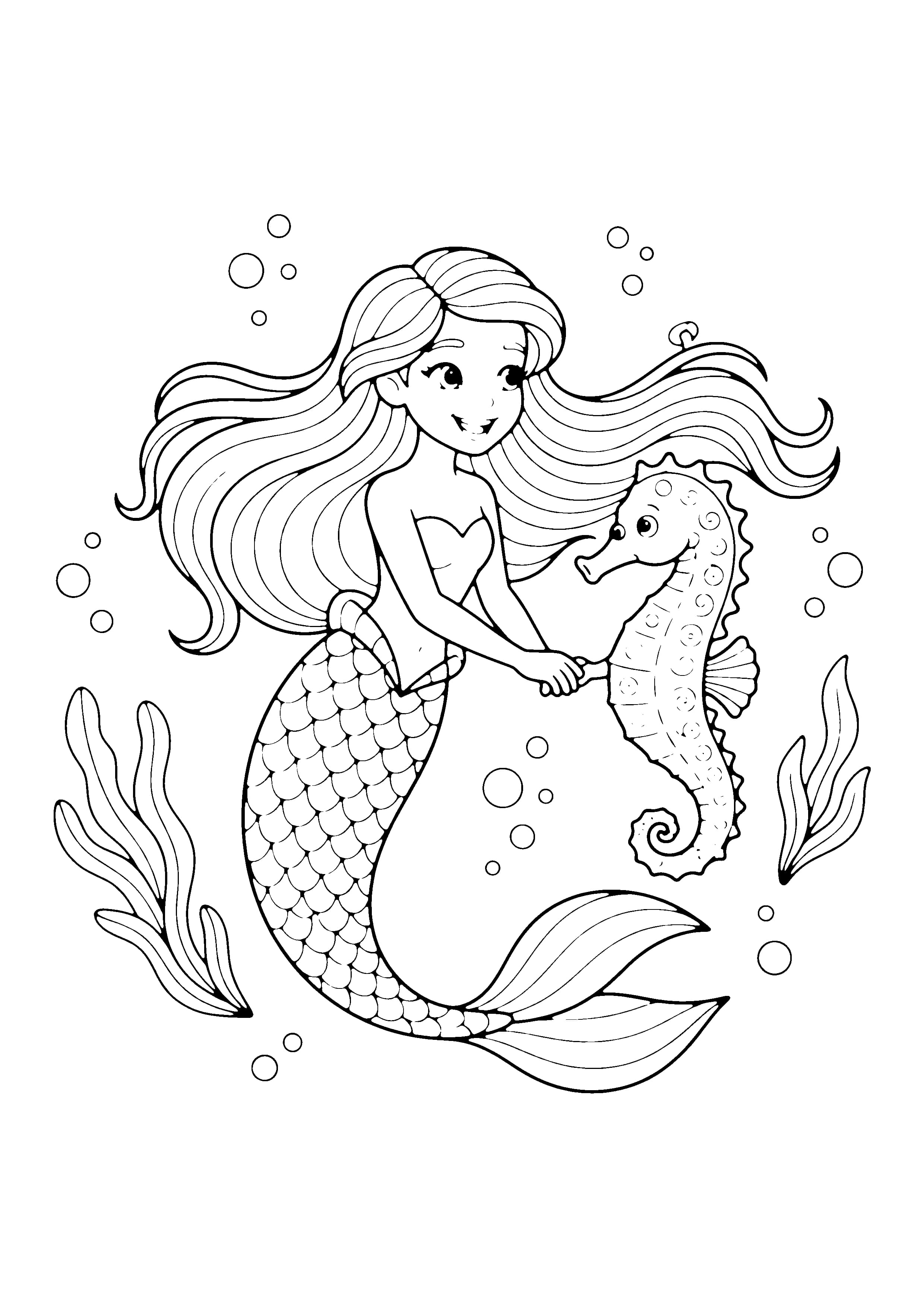 Printable hand-drawn Mermaid with Seahorse coloring page
