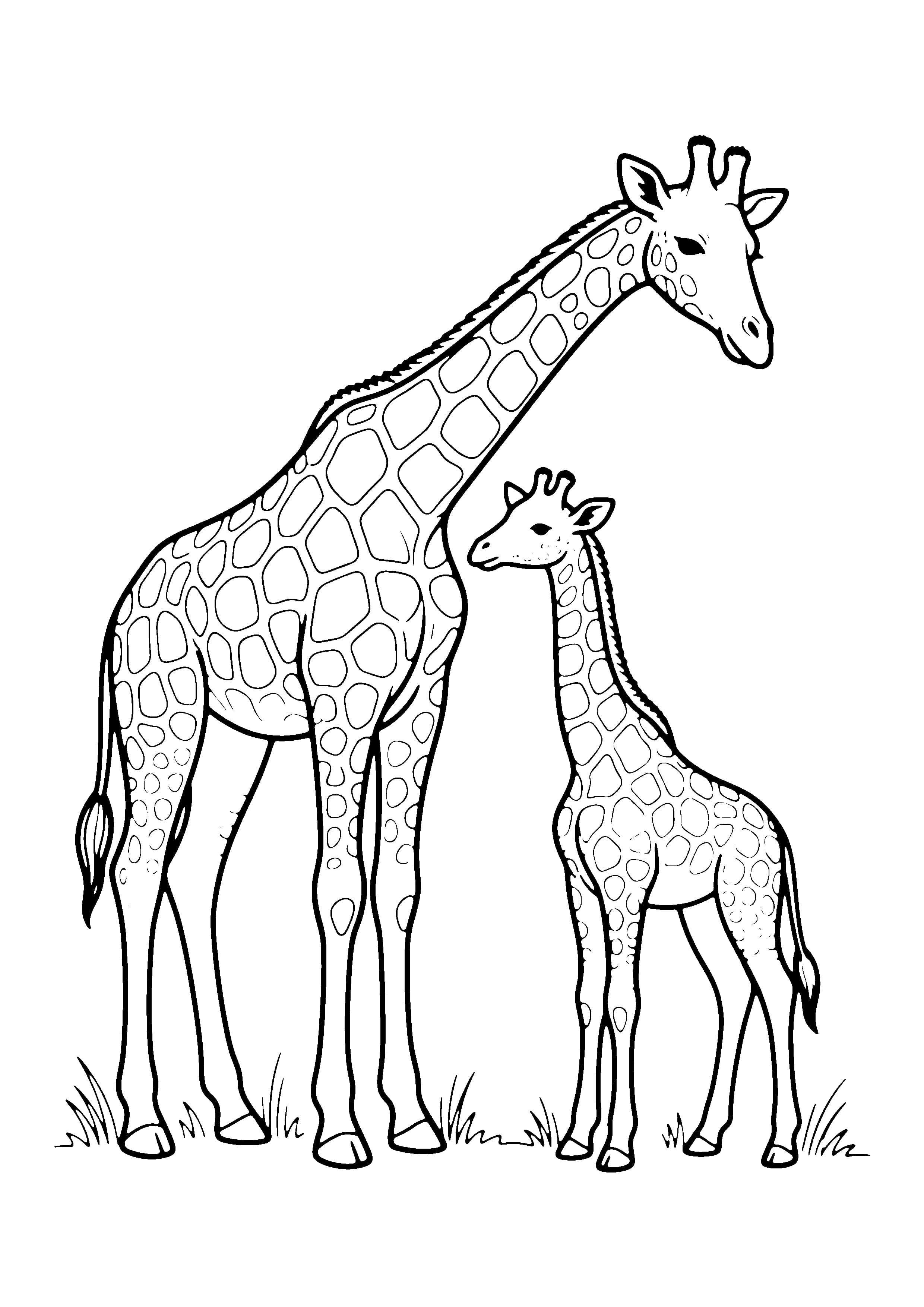 Printable hand-drawn Mother and Baby Giraffe coloring page