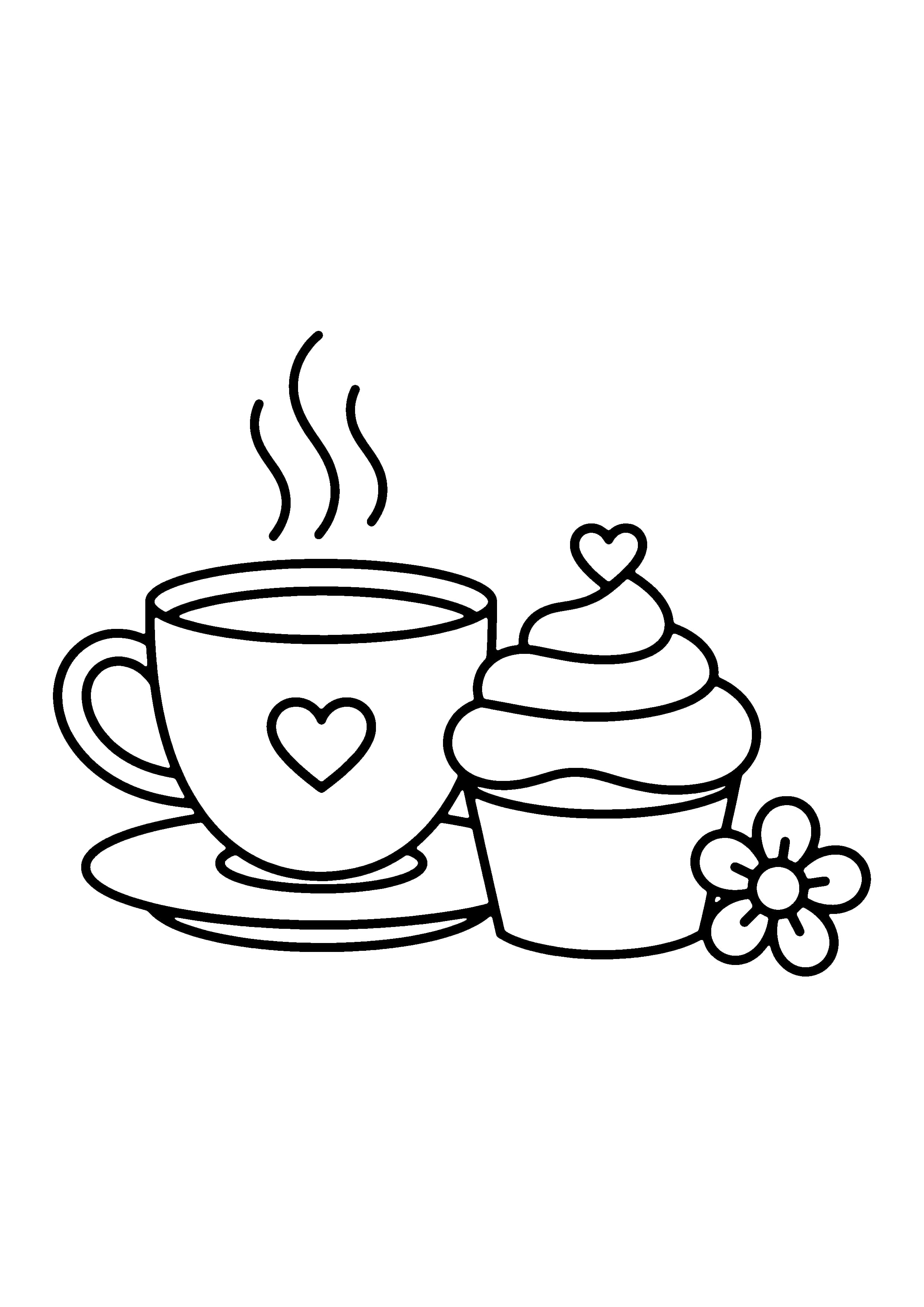 Printable hand-drawn Mother's Day Teacup and Cupcake coloring page