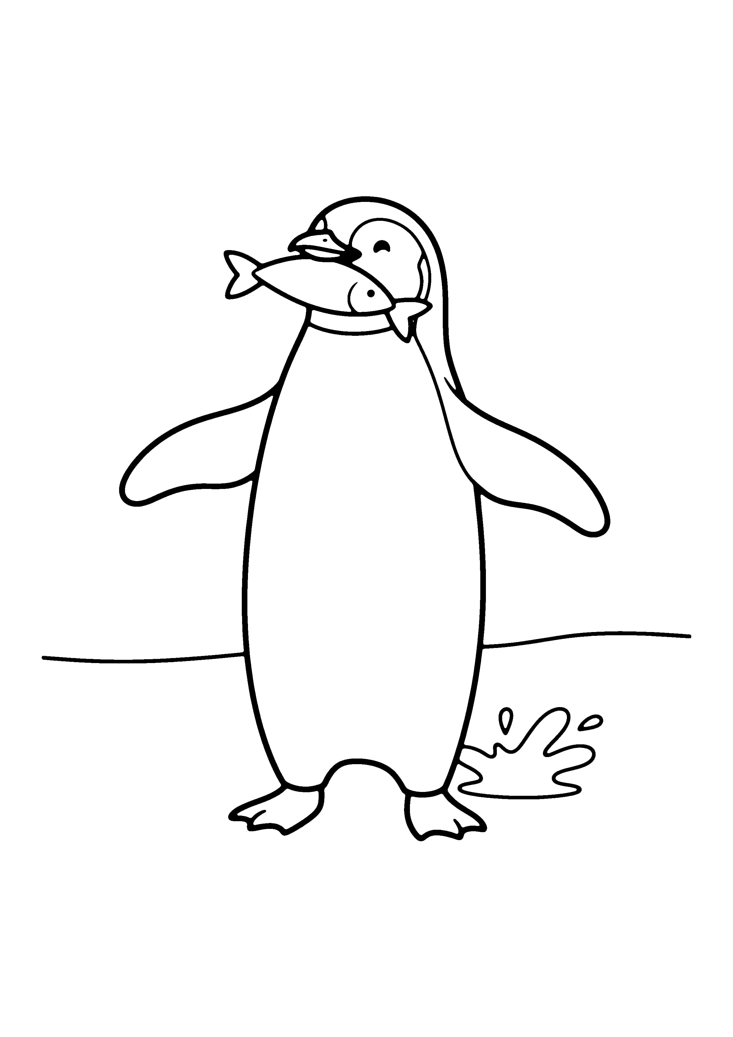 Printable hand-drawn Penguin with a Fish coloring page
