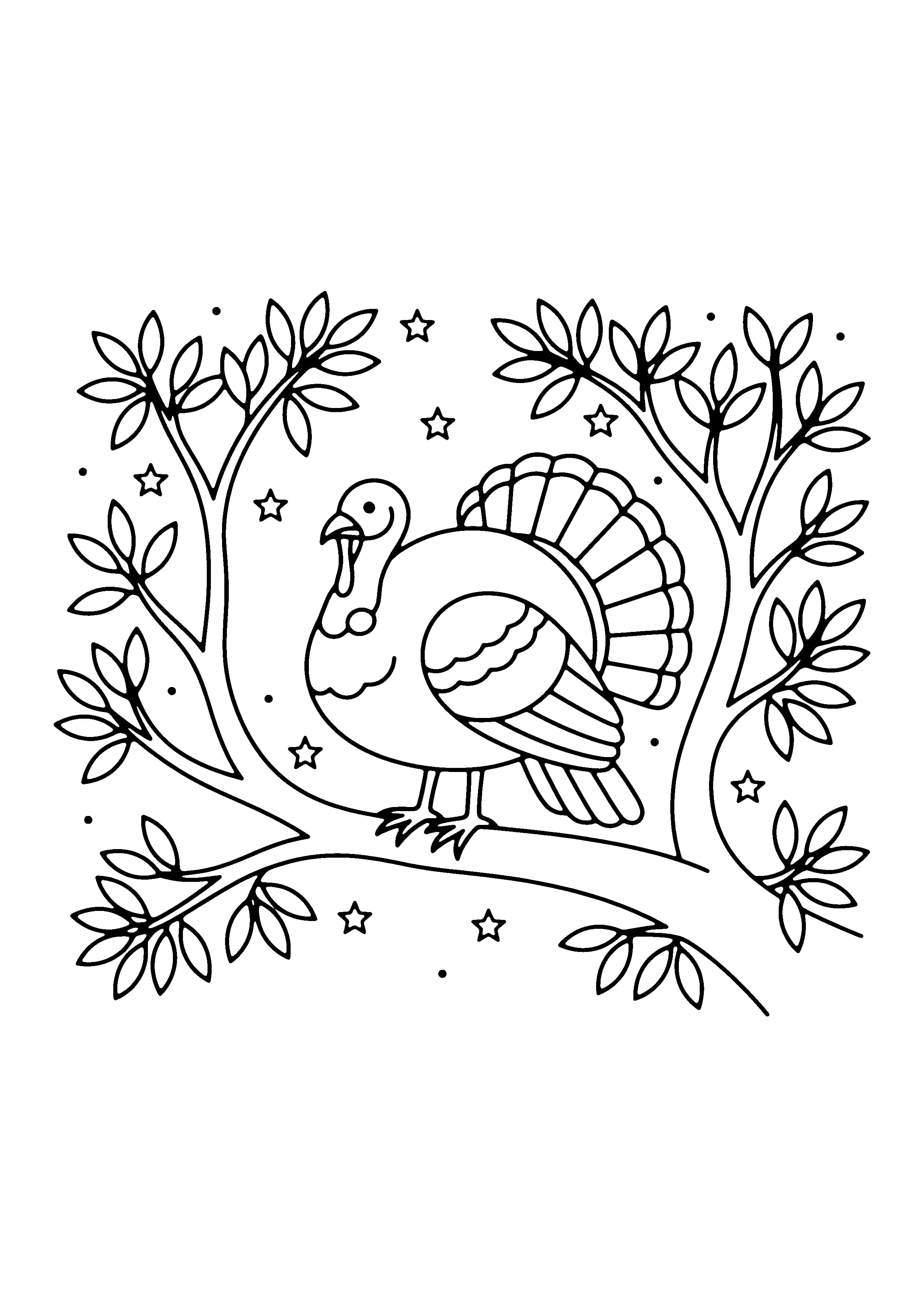 Printable hand-drawn Roosting Turkey in a Tree coloring page