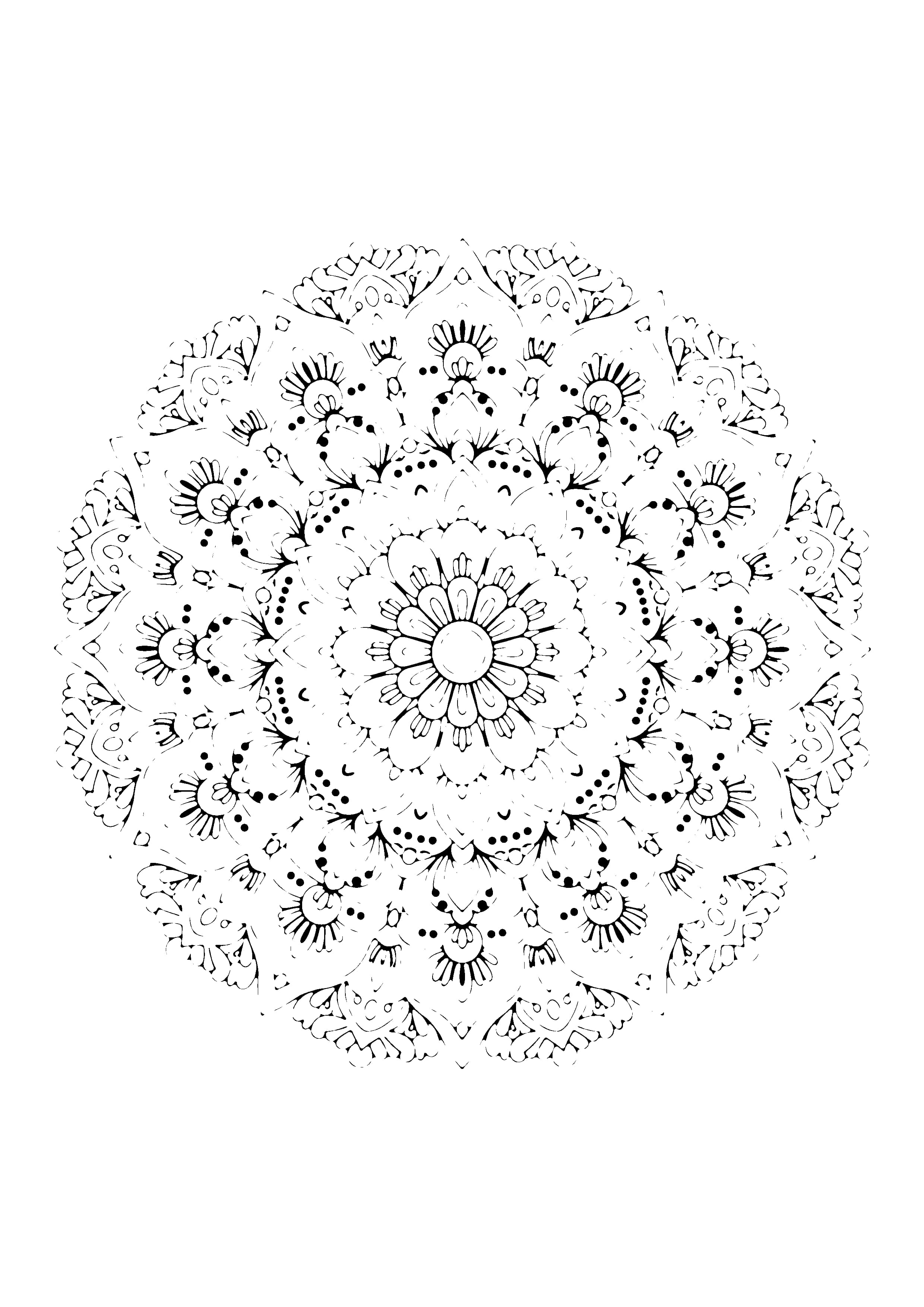 Printable hand-drawn Round Flower Wreath coloring page for adults