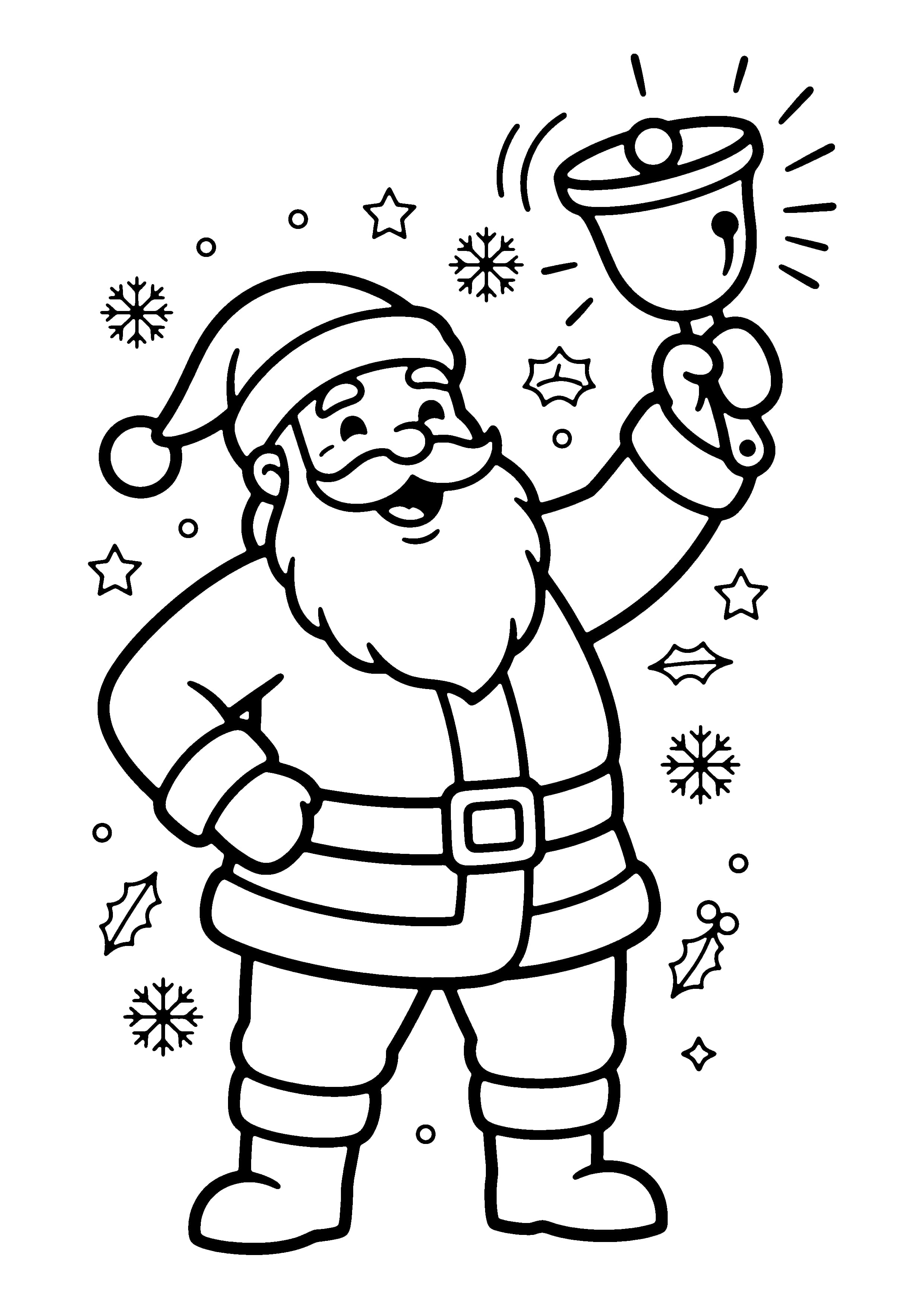 Printable hand-drawn Santa Ringing a Bell coloring page