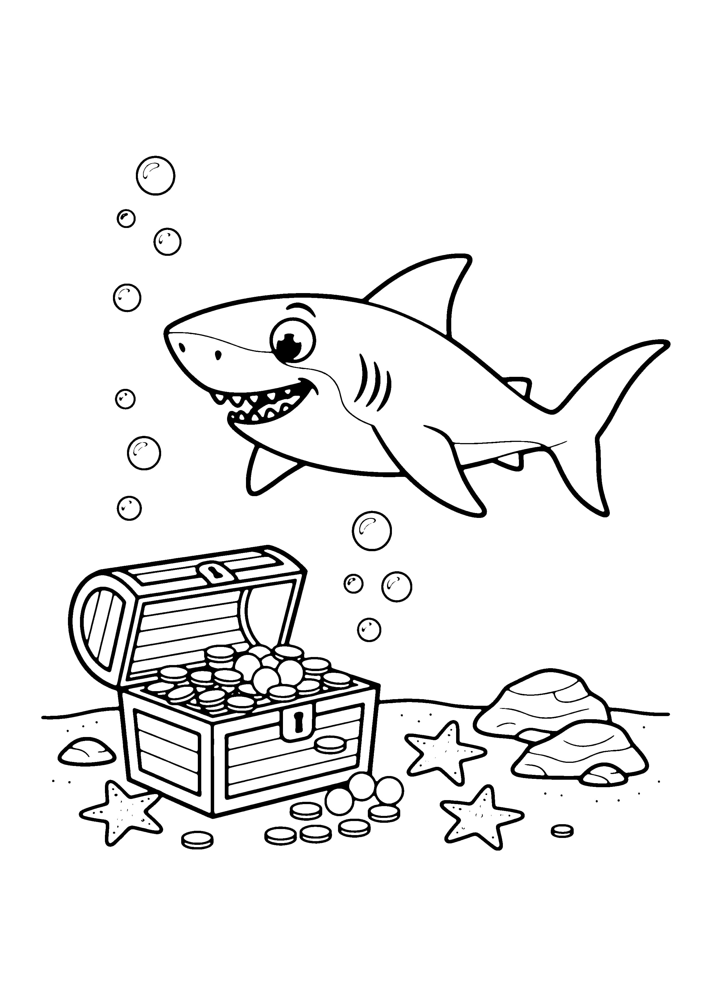 Printable hand-drawn Shark and Treasure Chest coloring page