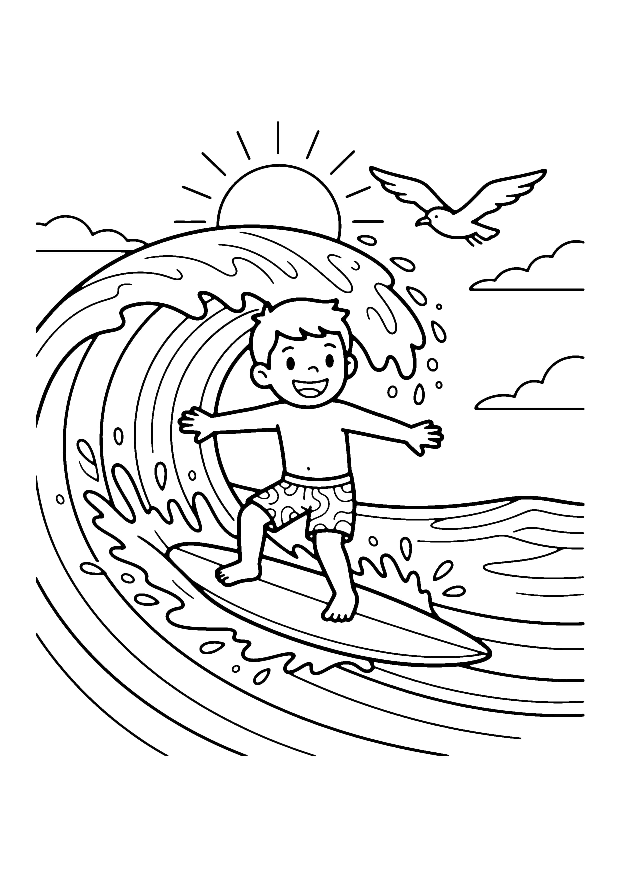 Printable hand-drawn Summer Surfer Kid coloring page