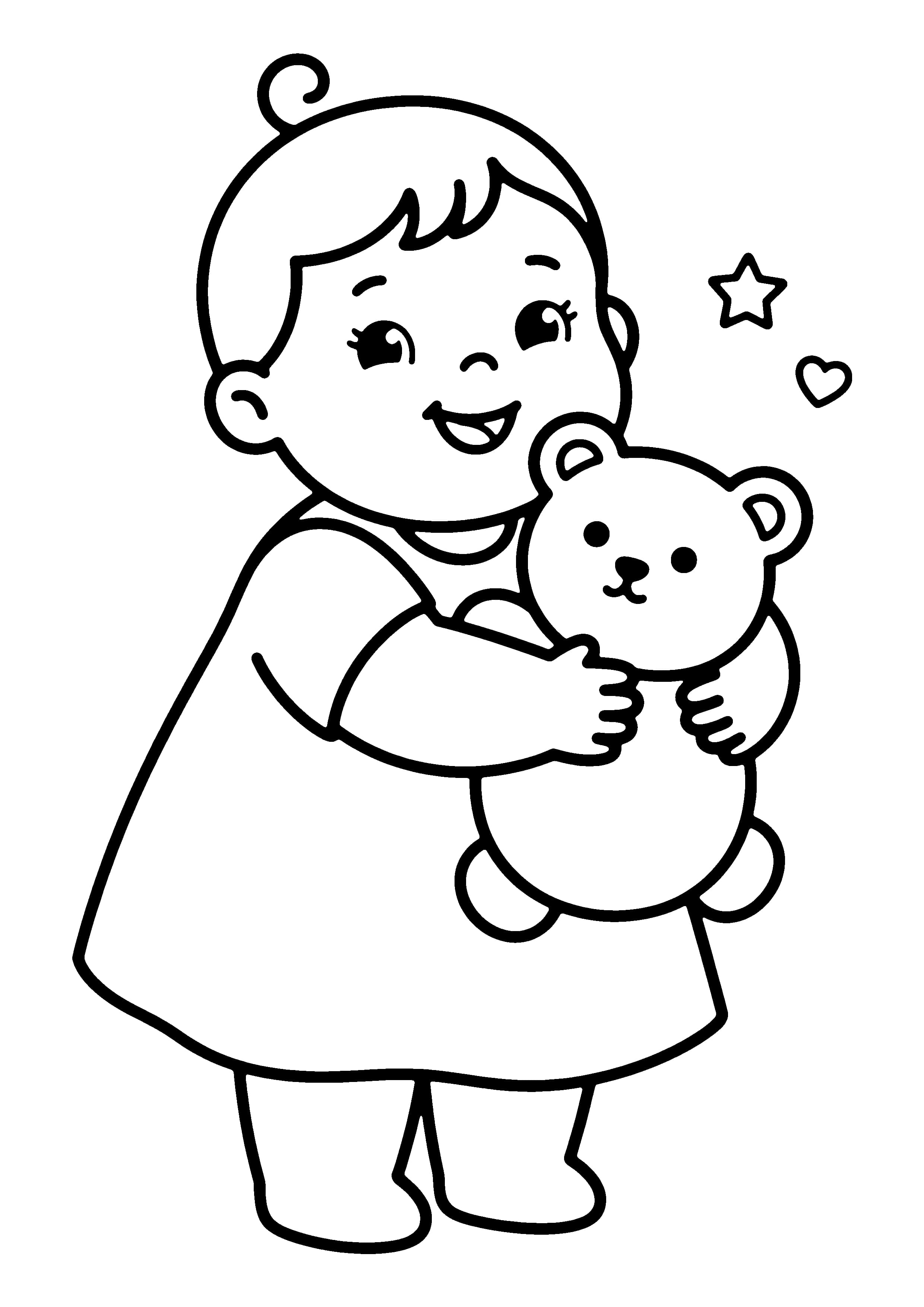 Printable hand-drawn Toddler Girl with Teddy coloring page