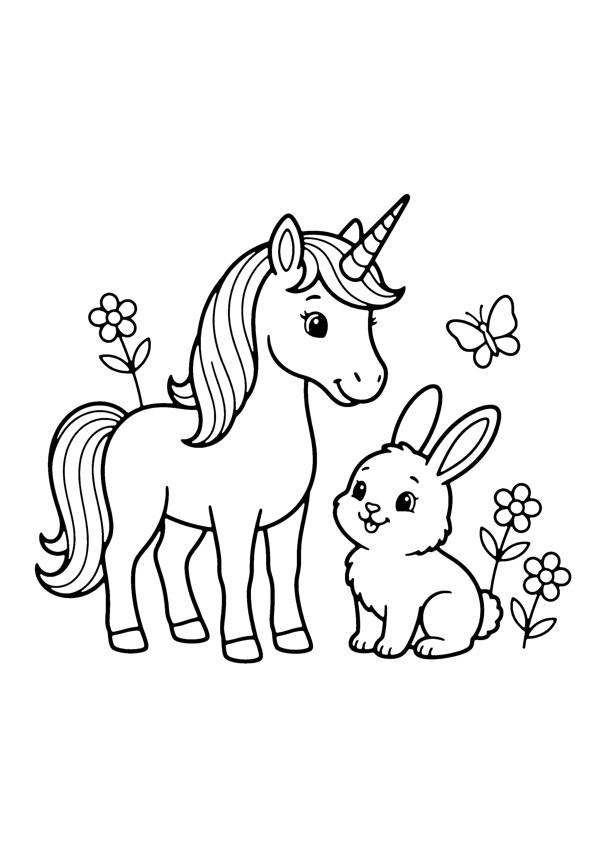 Printable hand-drawn Unicorn and Bunny Friend coloring page