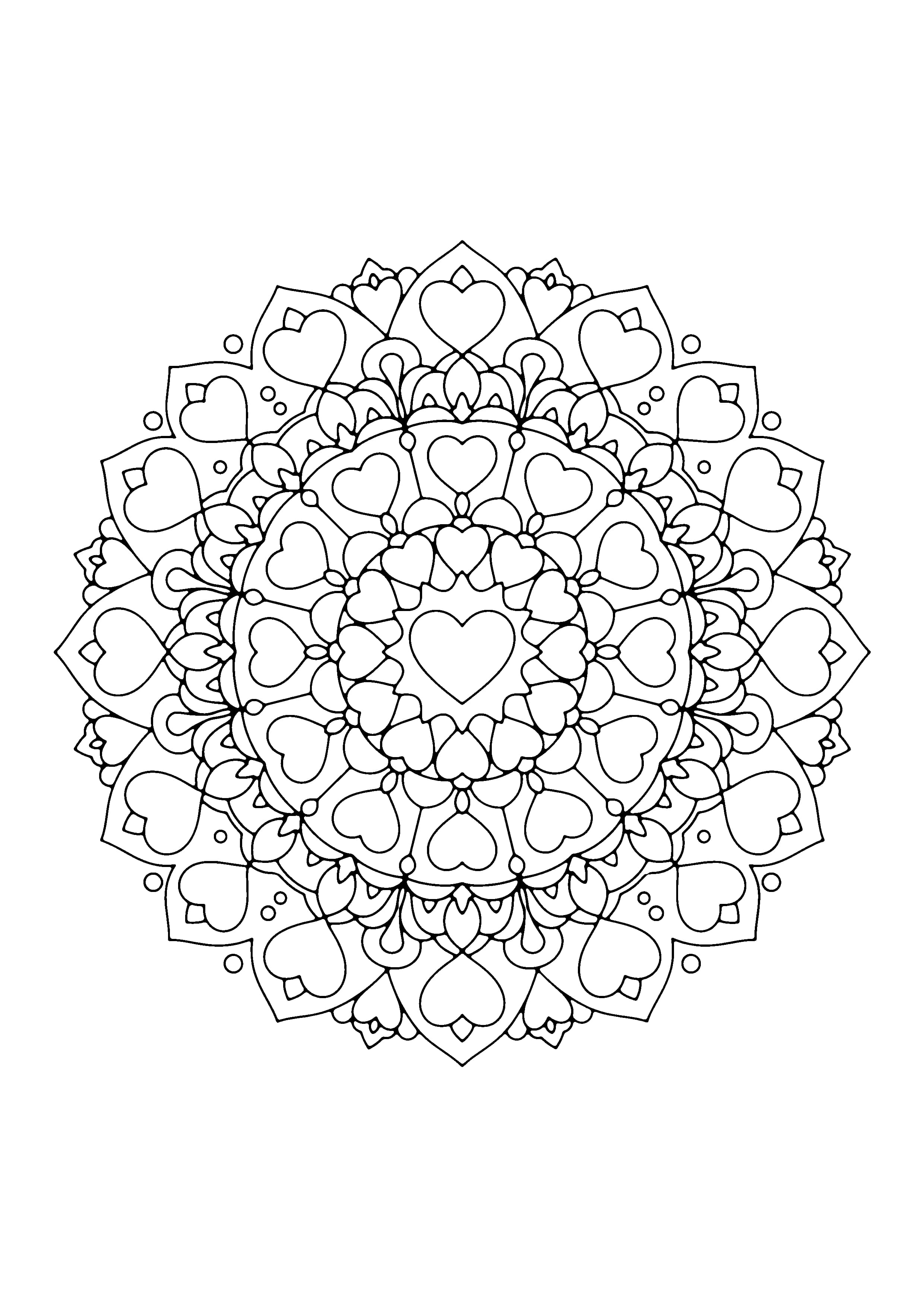 Printable hand-drawn Valentine Heart Mandala coloring page for adults