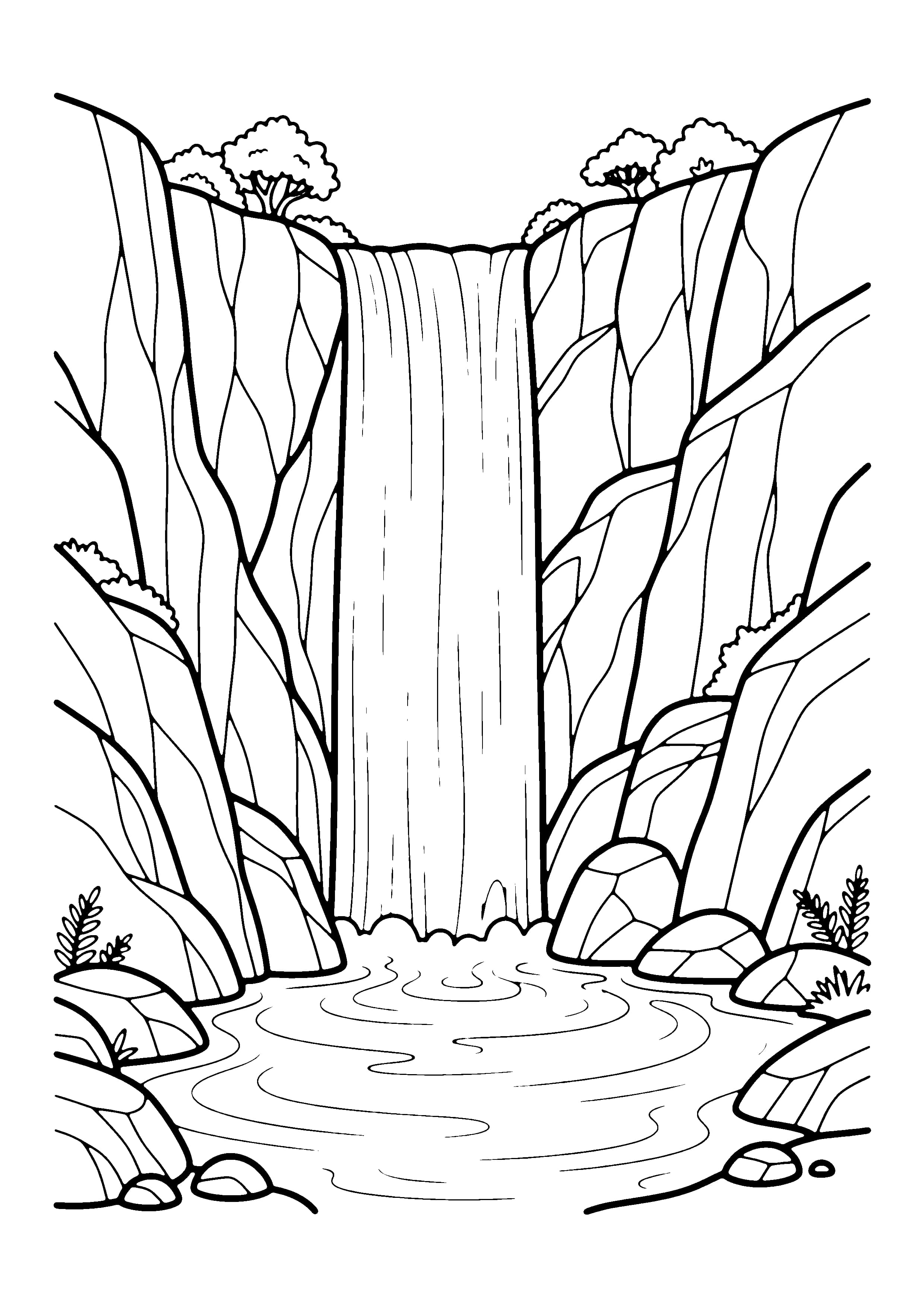Printable hand-drawn Waterfall coloring page