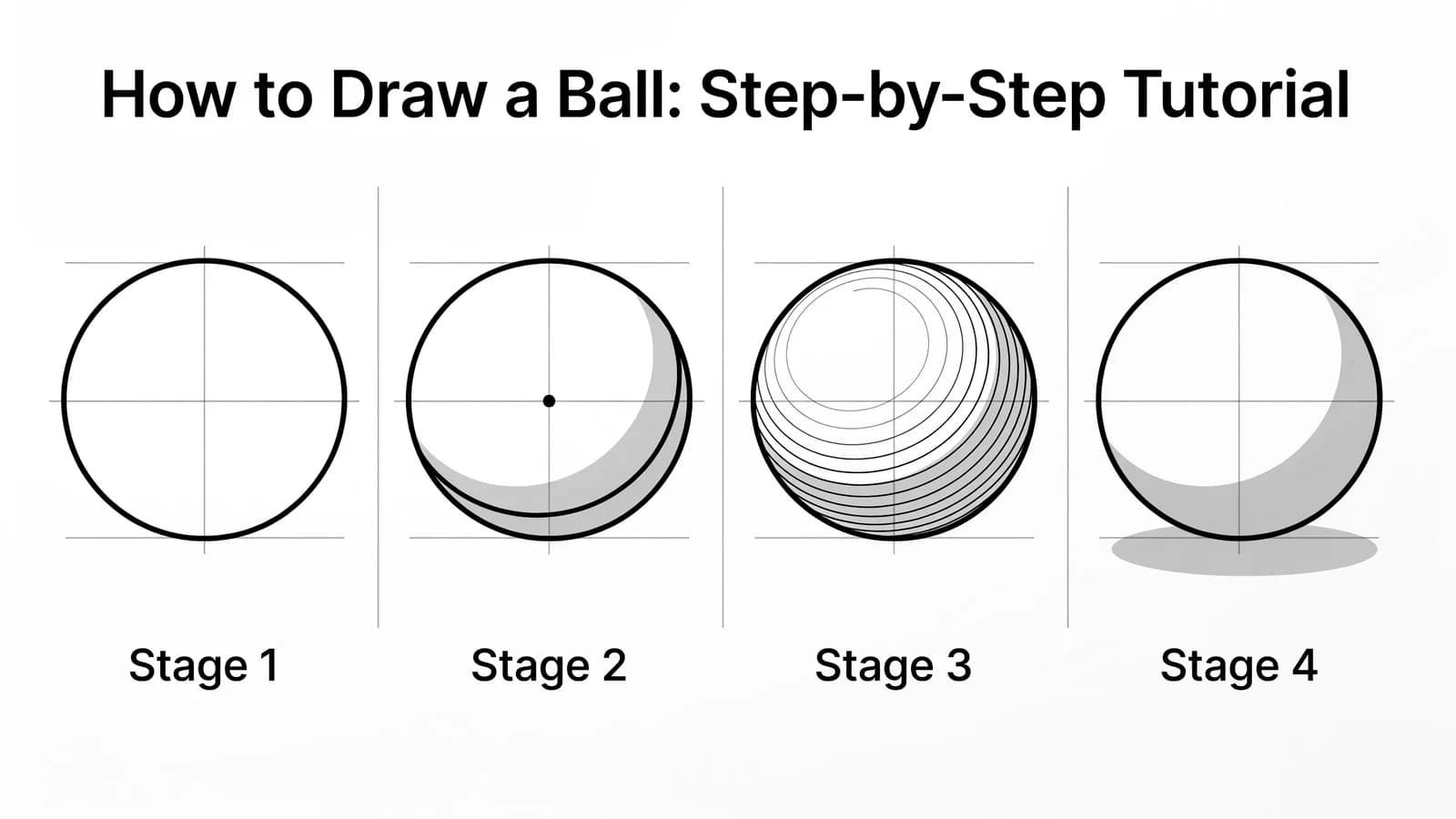 Step-by-step: how to draw a ball in four stages, from circle to shaded 3D sphere
