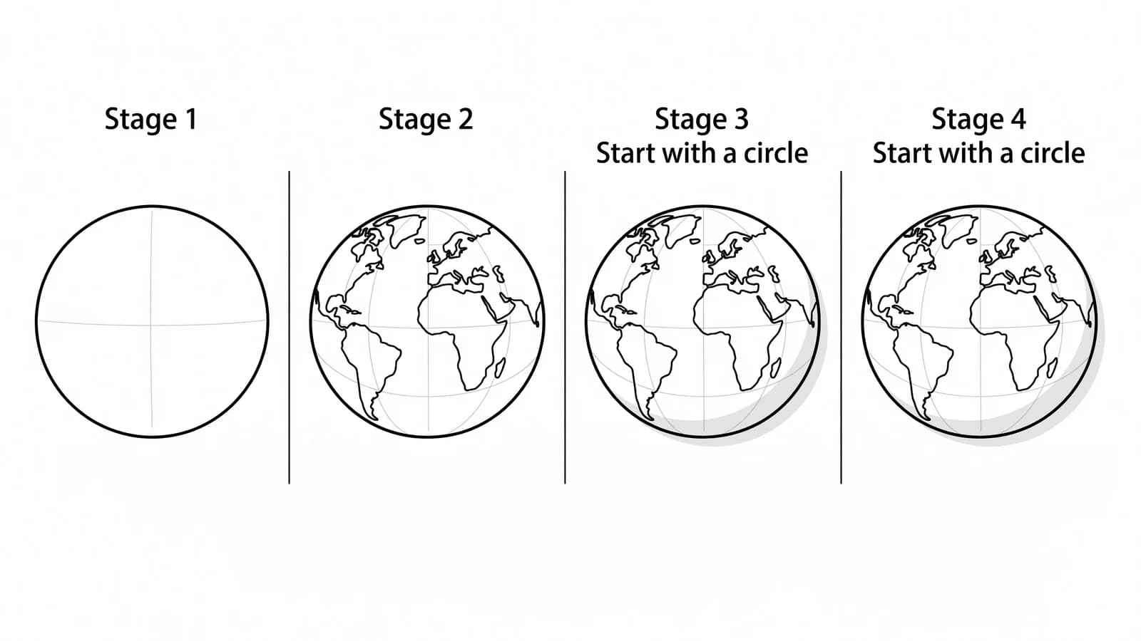 Step-by-step: how to draw the Earth in four stages, from a circle to simple continents to a finished globe