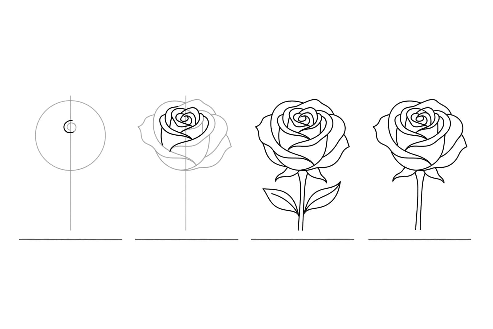 Step-by-step: how to draw a rose in four stages, from a circle-and-spiral guide to a finished outline