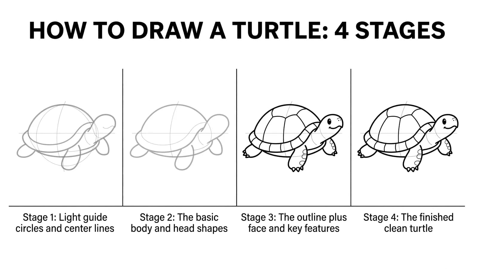 Step-by-step: how to draw a turtle in four stages